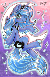 Size: 1754x2688 | Tagged: safe, artist:dandy, princess luna, alicorn, pony, g4, ;p, blushing, copic, crescent moon, eye clipping through hair, female, horn, jewelry, marker drawing, moon, one eye closed, regalia, s1 luna, solo, tongue out, traditional art, wings