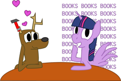 Size: 1186x798 | Tagged: safe, artist:tomnice, derpibooru exclusive, twilight sparkle, oc, oc:tomnice, alicorn, deer, pony, g4, book, closed mouth, cute, deer oc, duo, duo male and female, female, hammer, implied canon x oc, implied interspecies, implied shipping, implied straight, male, mare, one sided shipping, open mouth, simple background, that pony sure does love books, transparent background, twilight sparkle (alicorn)