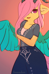 Size: 2000x3000 | Tagged: safe, artist:freeedon, part of a set, fluttershy, draconequus, anthro, fanfic:my little pony: the unexpected future, g4, draconequified, female, flutterequus, hair over one eye, high res, horns, solo, species swap