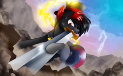 Size: 4000x2480 | Tagged: safe, artist:dormin-dim, oc, oc only, earth pony, pony, hat, jewelry, lightning, low angle, mountain, necklace, rock, solo, sword, weapon