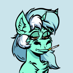 Size: 4000x4000 | Tagged: safe, artist:witchtaunter, lyra heartstrings, pony, unicorn, g4, absurd resolution, blue background, bored, bust, cigarette, cursed image, ear fluff, faic, female, l.u.l.s., lidded eyes, meme, nft, parody, ponified meme, rule 85, simple background, solo