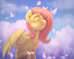 Size: 3000x2400 | Tagged: safe, artist:yarugreat, fluttershy, butterfly, pegasus, pony, g4, cute, eyes closed, fangs, high res, shyabetes, smiling, solo, spread wings, wind, wings