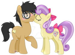 Size: 1280x944 | Tagged: safe, artist:pure-blue-heart, oc, oc only, oc:feather pen, oc:vanilla wishes, earth pony, pony, bow, cheek kiss, commission, couple, deviantart watermark, glasses, hair bow, kissing, obtrusive watermark, shading, simple background, tail, tail bow, transparent background, watermark