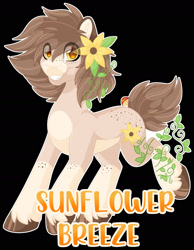 Size: 1280x1646 | Tagged: safe, artist:thehaywaiianhorse, oc, oc only, oc:sunflower breeze, earth pony, pony, black background, earth pony oc, flower, flower in hair, grin, looking at you, male, simple background, smiling, smiling at you, solo, stallion