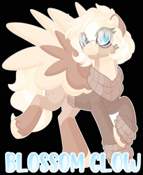 Size: 1280x1562 | Tagged: safe, artist:thehaywaiianhorse, oc, oc:blossom glow, pegasus, pony, black background, clothes, colored wings, female, glasses, mare, simple background, solo, sweater, two toned wings, wings