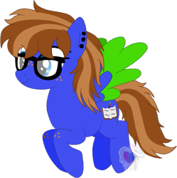 Size: 525x528 | Tagged: safe, artist:pure-blue-heart, oc, oc only, oc:bluebook, pegasus, pony, book, colored wings, ear piercing, earring, female, freckles, glasses, jewelry, piercing, ponysona, simple background, transparent background, two toned mane, two toned wings, wings