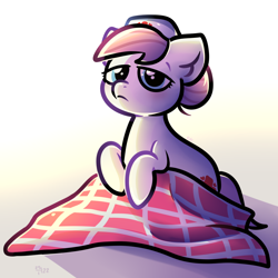Size: 1024x1024 | Tagged: safe, artist:kukie, nurse redheart, earth pony, pony, g4, blanket, blue eyes, cute, female, hat, heartabetes, holding, lidded eyes, looking at you, mare, nurse hat, pink mane, pink tail, simple background, sitting, sleepy, solo, tail, tired, waking up
