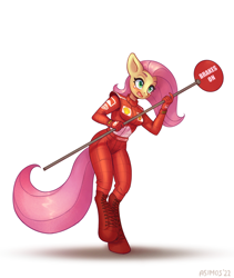 Size: 1200x1425 | Tagged: safe, artist:asimos, fluttershy, anthro, unguligrade anthro, g4, clothes, ferrari, formula 1, jumpsuit, mechanic, open mouth, sign, simple background, solo, teary eyes, white background, wingless