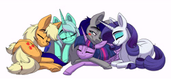 Size: 10464x4958 | Tagged: safe, artist:celestial-rainstorm, applejack, lyra heartstrings, rarity, twilight sparkle, oc, oc:maverick, alicorn, earth pony, pony, unicorn, g4, cuddling, cute, kiss mark, lipstick, simple background, snuggling, twilight sparkle (alicorn), white background