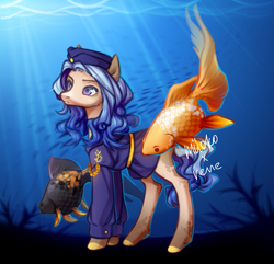 Size: 2329x2248 | Tagged: safe, artist:miioko, oc, oc only, earth pony, fish, goldfish, pony, clothes, coral, crepuscular rays, earth pony oc, eyelashes, fins, fish tail, flowing mane, flowing tail, high res, ocean, scales, seaweed, signature, sunlight, swimming, tail, underwater, water