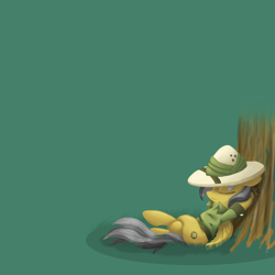 Size: 1750x1750 | Tagged: safe, artist:binidi, daring do, pegasus, pony, g4, female, green background, hat, mare, relaxing, simple background, sleeping, solo, tree, wings