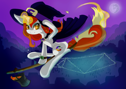 Size: 2480x1748 | Tagged: safe, artist:binidi, oc, oc only, pony, unicorn, broom, female, flying, flying broomstick, full moon, glowing, glowing horn, hat, horn, mare, mare in the moon, moon, solo, unicorn oc, witch hat