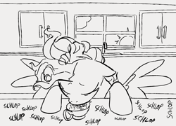 Size: 972x701 | Tagged: safe, artist:dotkwa, fluttershy, pegasus, pony, g4, bed mane, cup, eyes closed, female, food, hair curlers, horses doing horse things, lapping, mare, messy mane, monochrome, morning ponies, onomatopoeia, solo, sound effects, spread wings, tea, teacup, wings