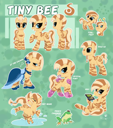Size: 2301x2607 | Tagged: safe, artist:binidi, oc, oc only, oc:tiny bee, frog, zebra, clothes, dress, female, high res, mare, raised hoof, reference sheet, smiling, zebra oc
