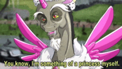Size: 640x360 | Tagged: safe, artist:gloomydinosaur, discord, draconequus, g4, twilight's kingdom, animated, beard, conbons, crossdressing, crown, facial hair, fake horn, fake wings, horn, jewelry, male, marvel, meme, norman osborn, outdoors, parody, princess discord, regalia, request, simple background, solo, sound, spider-man, text, video, voice acting, webm, willem dafoe