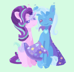 Size: 640x623 | Tagged: safe, artist:mlpmeadowsweet, starlight glimmer, trixie, pony, unicorn, g4, animated, cape, clothes, covering face, duo, duo female, female, gif, green background, hat, heart, heart eyes, horn, implied kissing, kissing, lesbian, levitation, lineless, magic, ship:startrix, shipping, simple background, telekinesis, trixie's cape, trixie's hat, wingding eyes