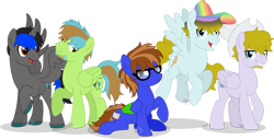 Size: 1280x652 | Tagged: safe, artist:blues-edits, oc, oc:bluebook, oc:bubbling beaker, oc:country rock, oc:harmonic melody, oc:rainbow lightning, alicorn, pegasus, pony, base used, beard, colored wings, facial hair, freckles, glasses, hat, ponysona, simple background, transparent background, two toned mane, two toned wings, wings