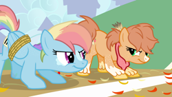 Size: 1024x576 | Tagged: safe, artist:bookieverse-nextgen, edit, edited screencap, screencap, applejack, rainbow dash, g4, bookieverse, headcanon, redesign, running of the leaves