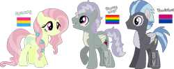 Size: 1069x424 | Tagged: safe, artist:bookieverse-nextgen, fluttershy, thunderlane, oc, oc:stormy wings, pegasus, pony, g4, base used, bookieverse, ear piercing, earring, family, female, flower, flower in hair, headcanon, jewelry, male, next generation, offspring, parent:fluttershy, parent:thunderlane, parents:thundershy, piercing, pride flag, redesign, sexuality headcanon, shipping, simple background, straight, thundershy, transparent background