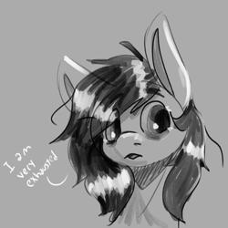 Size: 1282x1283 | Tagged: safe, artist:aliceg, oc, oc only, oc:floor bored, earth pony, pony, dialogue, female, gray background, grayscale, looking sideways, mare, monochrome, open mouth, relatable, simple background, solo, sternocleidomastoid