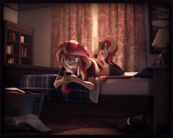 Size: 10000x8000 | Tagged: safe, artist:imafutureguitarhero, sunset shimmer, classical unicorn, unicorn, anthro, unguligrade anthro, g4, 3d, absurd file size, absurd resolution, arm fluff, arm freckles, bed, bedroom, bedside stand, blanket, bookshelf, boots, border, cellphone, cheek fluff, chromatic aberration, clothes, clothes on floor, cloven hooves, colored eyebrows, colored eyelashes, curtains, ear fluff, ear freckles, ear piercing, earring, error, female, film grain, fluffy, freckles, fur, hand freckles, hoof fluff, hooves in air, horn, indoors, iphone, ipod, jewelry, lamp, laundry, laundry basket, leg fluff, leg freckles, legs, leonine tail, lingerie, long hair, long mane, lying down, lying on bed, mare, morning, mp3 player, multicolored hair, multicolored mane, multicolored tail, nose wrinkle, on bed, painting, paintover, pantyhose, peppered bacon, phone, piercing, pillow, prone, revamped anthros, revamped ponies, see-through, see-through shirt, shirt, shoes, shoes off, signature, smartphone, solo, source filmmaker, stockings, tail, the pose, thigh highs, unshorn fetlocks, wall of tags, wooden floor