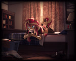 Size: 10000x8000 | Tagged: safe, artist:imafutureguitarhero, sunset shimmer, classical unicorn, unicorn, anthro, unguligrade anthro, 3d, absurd file size, absurd resolution, arm fluff, arm freckles, bed, bedroom, bedside stand, blanket, bookshelf, boots, border, cellphone, cheek fluff, chromatic aberration, clothes, clothes on floor, cloven hooves, colored eyebrows, colored eyelashes, curtains, ear fluff, ear freckles, ear piercing, earring, error, female, film grain, fluffy, freckles, fur, hoof fluff, hooves in air, horn, indoors, iphone, ipod, jewelry, lamp, laundry, laundry basket, leg fluff, leg freckles, legs, leonine tail, lingerie, long hair, long mane, lying down, lying on bed, mare, morning, mp3 player, multicolored hair, multicolored mane, multicolored tail, nose wrinkle, on bed, painting, paintover, pantyhose, peppered bacon, phone, piercing, pillow, prone, revamped anthros, revamped ponies, see-through, see-through shirt, shirt, shoes, shoes off, signature, smartphone, solo, source filmmaker, stockings, tail, the pose, thigh highs, unshorn fetlocks, wall of tags, wooden floor