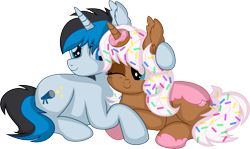 Size: 9547x5695 | Tagged: safe, artist:cyanlightning, oc, oc only, oc:donut daydream, oc:solar gizmo, pony, unicorn, .svg available, absurd resolution, blue eyes, cute, donut, duo, female, food, horn, hug, looking at each other, male, mare, one eye closed, simple background, smiling, smiling at each other, sprinkles, stallion, tail, transparent background, two toned mane, two toned tail, unicorn oc, vector