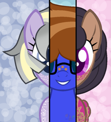 Size: 699x767 | Tagged: safe, artist:bookieverse-nextgen, oc, oc only, oc:bluebook, oc:comet flash, oc:splatter, earth pony, pegasus, pony, base used, bookieverse, colored pupils, eyelashes, freckles, glasses, grin, next generation, smiling