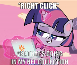 Size: 1280x1080 | Tagged: safe, edit, edited screencap, screencap, twilight sparkle, alicorn, pony, campfire stories, g4, g4.5, my little pony: pony life, caption, computer, cringe compilation, hilarious in hindsight, image macro, justice, laptop computer, magic, meme, nft, right click, smug, solo, telekinesis, text, twilight sparkle (alicorn)