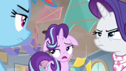 Size: 1920x1080 | Tagged: safe, screencap, rainbow dash, rarity, starlight glimmer, pony, unicorn, g4, the end in friend, female, kite, mare, neckerchief, open mouth, rainbow dash is not amused, rarity is not amused, solo focus, starlight glimmer is not amused, starlight's office, that pony sure does love kites, trio, unamused