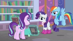 Size: 1920x1080 | Tagged: safe, screencap, rainbow dash, rarity, starlight glimmer, g4, the end in friend, boots, glitter boots, shoes