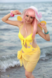 Size: 640x960 | Tagged: safe, artist:saru-cosplay, fluttershy, human, g4, bare shoulders, clothes, cosplay, costume, cutie mark on clothes, irl, irl human, ocean, one-piece swimsuit, photo, sleeveless, swimsuit, water