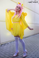 Size: 960x1440 | Tagged: safe, artist:saru-cosplay, fluttershy, human, g4, clothes, cosplay, costume, cutie mark on clothes, high heels, irl, irl human, photo, shoes, stockings, thigh highs