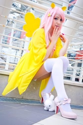 Size: 1280x1920 | Tagged: safe, artist:saru-cosplay, fluttershy, human, g4, clothes, cosplay, costume, high heels, irl, irl human, panties, panty shot, photo, shoes, sitting, solo, stockings, thigh highs, underwear, white underwear