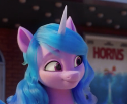 Size: 308x252 | Tagged: safe, edit, edited screencap, screencap, izzy moonbow, pony, unicorn, g5, my little pony: a new generation, spoiler:my little pony: a new generation, cropped, horn, horns, jaws, solo focus