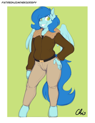 Size: 892x1155 | Tagged: safe, artist:nekocrispy, oc, oc only, oc:soft cloud, pegasus, anthro, unguligrade anthro, clothes, female, hand on hip, mare, smiling, solo, wings