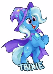 Size: 2304x3219 | Tagged: safe, artist:luximus17, trixie, pony, unicorn, g4, brooch, cape, chest fluff, clothes, cute, diatrixes, female, happy, hat, high res, horn, jewelry, mare, open mouth, open smile, rearing, simple background, smiling, solo, tail, text, trixie's brooch, trixie's cape, trixie's hat, white background