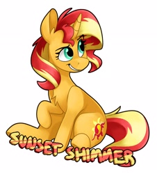 Size: 2806x3110 | Tagged: safe, artist:luximus17, sunset shimmer, pony, unicorn, g4, chest fluff, female, high res, mare, open mouth, raised eyebrow, raised hoof, sitting, smiling, solo