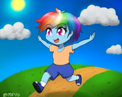 Size: 1200x960 | Tagged: safe, artist:empyu, rainbow dash, equestria girls, g4, clothes, cloud, colorful, cute, dashabetes, dirt road, female, grass, open mouth, scenery, shirt, shoes, shorts, socks, solo, younger