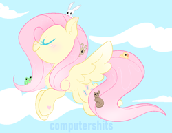 Size: 918x710 | Tagged: safe, artist:cutiesparke, angel bunny, fluttershy, bird, chipmunk, duck, frog, pegasus, pony, rabbit, squirrel, g4, animal, cloud, critters, eyes closed, female, flying, happy, hoof heart, mortimer, simple background, sky, sky background, solo