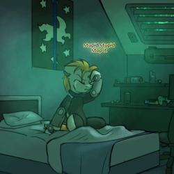 Size: 800x800 | Tagged: safe, artist:captainhoers, oc, oc:jump cannon, cyborg, earth pony, pony, the sunjackers, bedroom, crying, cyberpunk, female, flag, mare