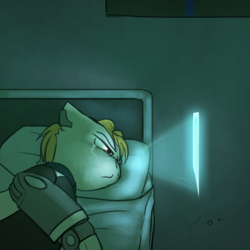 Size: 800x800 | Tagged: safe, artist:captainhoers, oc, oc:jump cannon, cyborg, earth pony, pony, the sunjackers, amputee, bed, bedroom, crying, cyberpunk, female, hud, mare, prosthetic leg, prosthetic limb, prosthetics