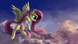 Size: 4000x2250 | Tagged: safe, artist:flusanix, fluttershy, pegasus, pony, g4, cloud, cute, female, flying, high res, looking down, mare, solo