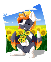 Size: 4000x4800 | Tagged: safe, artist:rainbowfire, oc, oc only, alicorn, pony, :3, :p, absurd resolution, alicorn oc, chest fluff, cloud, coat markings, cottagecore, cute, day, ear fluff, eyebrows, eyelashes, eyes closed, female, field, flower, fluffy, gift art, happy, horn, mare, ocbetes, orange mane, outdoors, requested art, sitting, sky, smiling, socks (coat markings), solo, spots, summer, sun, sunflower, tongue out, unshorn fetlocks, warm, wings