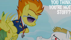 Size: 1280x720 | Tagged: safe, edit, edited screencap, editor:quoterific, screencap, bulk biceps, spitfire, pegasus, pony, g4, season 3, wonderbolts academy, clothes, duo, female, flying, male, mare, necktie, spitfire's tie, spitfire's whistle, spread wings, stallion, text, uniform, whistle, whistle necklace, wings, wonderbolts dress uniform