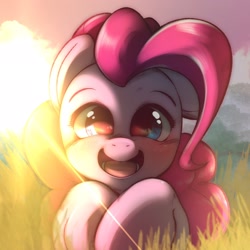 Size: 2048x2048 | Tagged: safe, artist:kurogewapony, pinkie pie, earth pony, pony, g4, blushing, cute, diapinkes, female, grass, high res, looking at you, lying down, mare, open mouth, open smile, prone, smiling, smiling at you, solo, weapons-grade cute