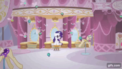 Size: 640x360 | Tagged: safe, screencap, pinkie pie, rarity, earth pony, parasprite, pony, unicorn, g4, season 1, swarm of the century, animated, carousel boutique, eyes closed, female, gif, gifs.com, mannequin, mare, open mouth, screaming