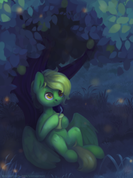 Size: 3630x4862 | Tagged: safe, artist:yarugreat, oc, oc:lemon green, firefly (insect), insect, pegasus, pony, absurd resolution, cute, food, lemon, night, painting, sitting, smiling, solo, tree