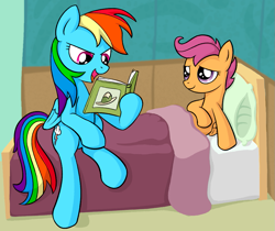 Size: 1059x889 | Tagged: safe, artist:reconprobe, rainbow dash, scootaloo, pegasus, pony, g4, bed, book, daring do book, duo, female, filly, foal, hospital, mare, scootalove