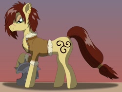 Size: 1098x828 | Tagged: safe, artist:a-guy-from-earth, steela oresdotter, earth pony, pony, g4, clothes, female, mare, mighty helm, scar, solo, triskelion